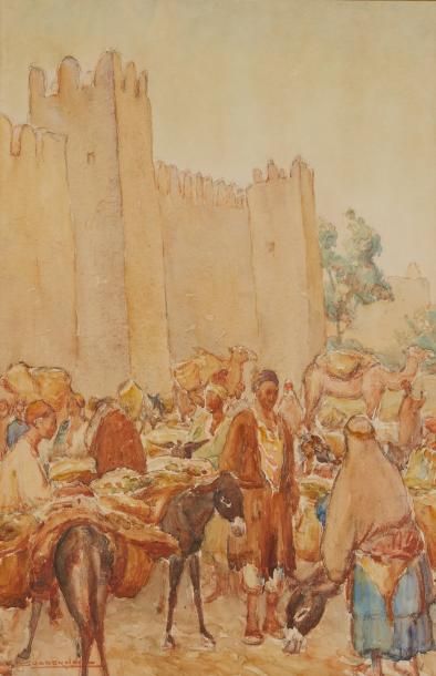 Gaston CHABERNAUD (1887-1962) 
Le marché aux figues à Sousse en Tunisie.
Aquarelle...