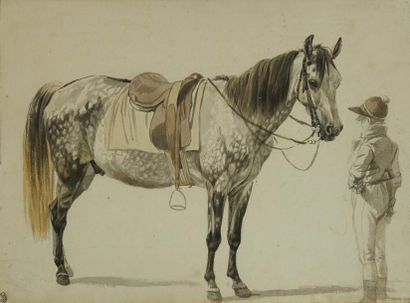 Ecole FRANCAISE du début du XIXème siècle 
Cheval de selle et son jockey
Lavis gris...