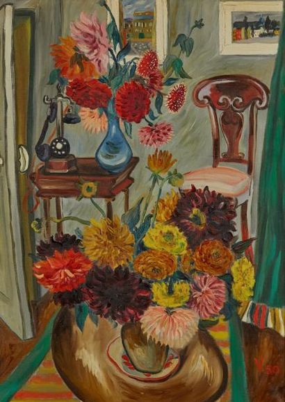 Gérald Van der Kemp (1912-2001) 
Nature morte aux dahlias et téléphone
Huile sur...