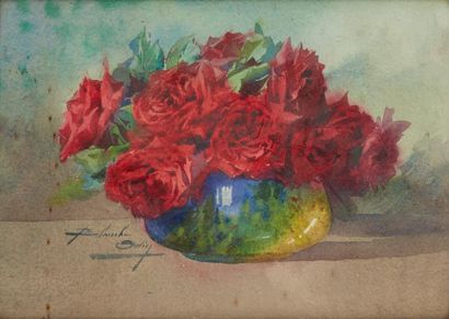 Blanche Odin (1865-1957) 
Aquarelle figurant un bouquet de roses rouges.
Dim. (à...