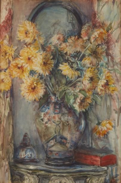 Mathilde SEE (?-1935) 
Bouquet de fleurs.
Aquarelle signée.
Cadre en bois sculpté...