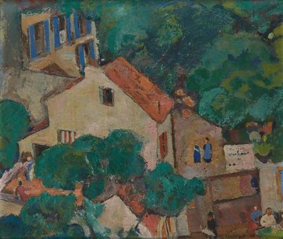 Henry Coudour (XIXe-XXe) 
Paysages aux villages animés.
Deux toiles pouvant former...