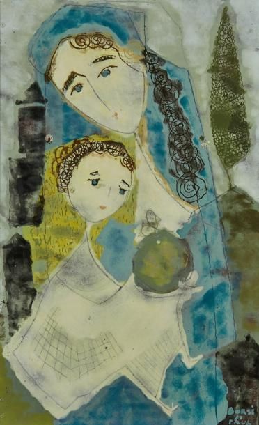 Paul BORSI 
Plaque en céramique figurant une femme à l'enfant.
Dim.: 66 x 41 cm