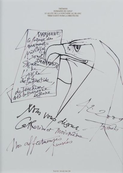 Pierre-Yves TREMOIS (né en 1921) 
Dessin figurant une tête d'aigle sur du papier...