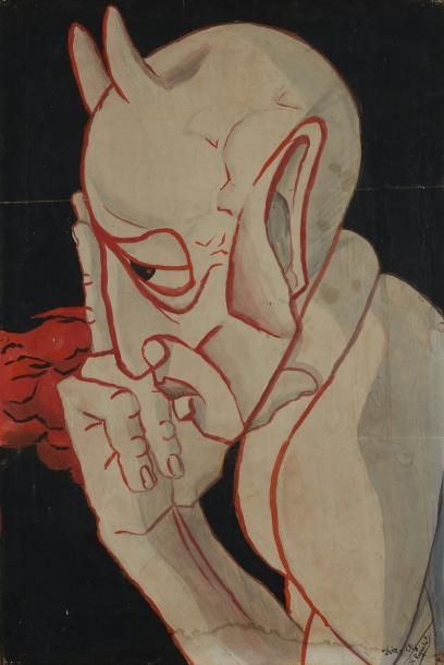 Bernard REQUICHOT (1929-1961) 
Aquarelle figurant un profil de diable penseur et...