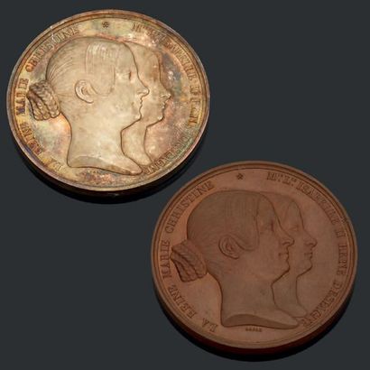 BARRE Jean-Auguste (1811-1896) 
Paire de médailles dans leur écrin en cuir, figurant...