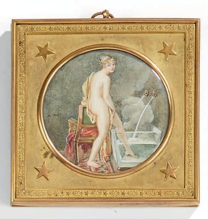 J.MALLET (Ecole française fin XIXe siècle) 
Jeune femme dénudée allant au bain.
Miniature...