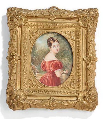 École FRANÇAISE vers 1880 
Portrait de jeune femme à la robe rouge dans un jardin.
Miniature...