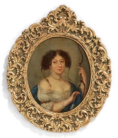 École FRANÇAISE vers 1680 
Portrait de jeune femme en Diane, robe de soie ivoire...