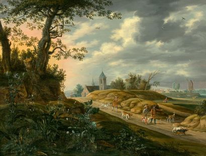 Isaac van OOSTEN (Anvers, 1613 - 1661) 
Chasseurs dans un paysage
Panneau parqueté
Dim.:...