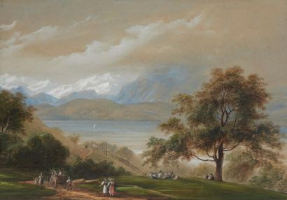 Eugène CICERI (1813-1890) 
Gouache figurant un paysage lacustre de montagne (très...