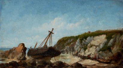 Charles Leduc (1831-1911) 
Pêcheur de crevettes à marée basse
Bateau échoué en bords...