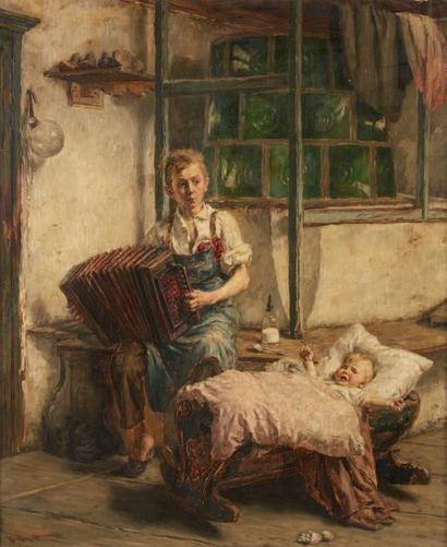 Karl GEBHARDT (1860-1917) 
Enfant à l'accordéon et au berceau
Huile sur toile signée...