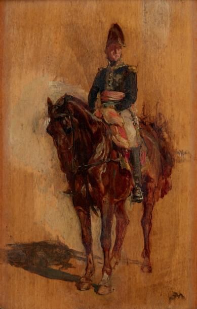 Ernest MEISSONIER (1815-1891) 
Portrait d'un militaire à cheval
Huile sur panneau...