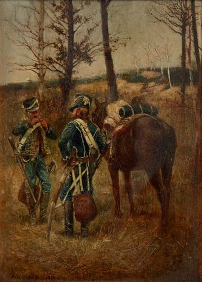 Ernest MEISSONIER (1815-1891) 
Petit poste de grande garde du 8ème Hussard.
Huile...