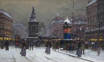 Eugène GALIEN-LALOUE (1854-1941) 
La place Clichy sous la neige à Paris
Gouache signée...