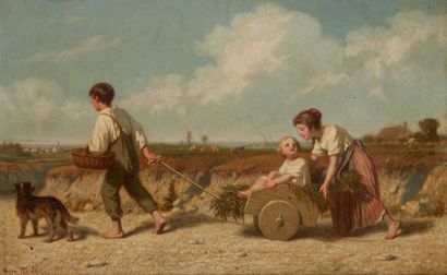 Hugues MERLE (1823-1881) 
Enfants à la charette et au chien
Huile sur toile, signée...