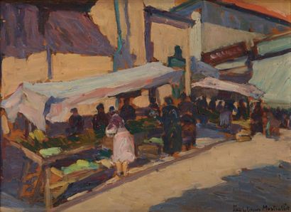 Paul Louis MESTRALLET (1886-?) 
Scène de marché
Huile sur panneau.
Signée en bas...