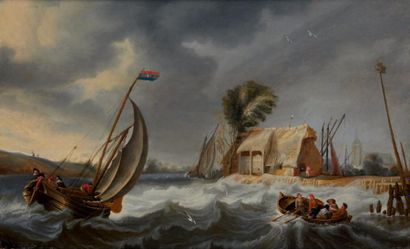 Cornelis MAHU (Anvers, 1613 - 1689) 
Barque et navire par gros temps
Panneau de chêne...