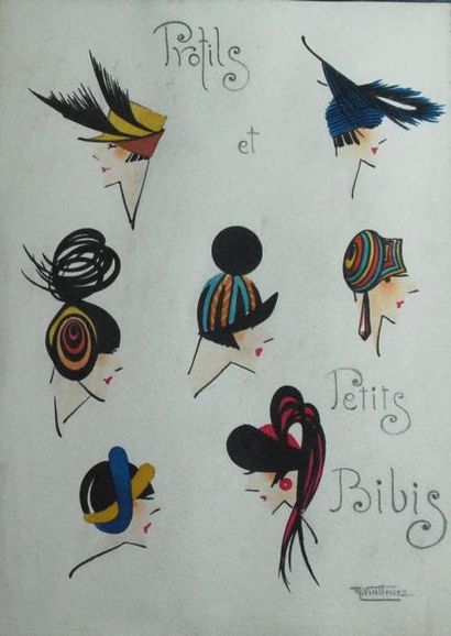 null Deux aquarelles de mode "petits chapeaux sur cheveux courts" et "petits bibis"._x000D_
Dim....