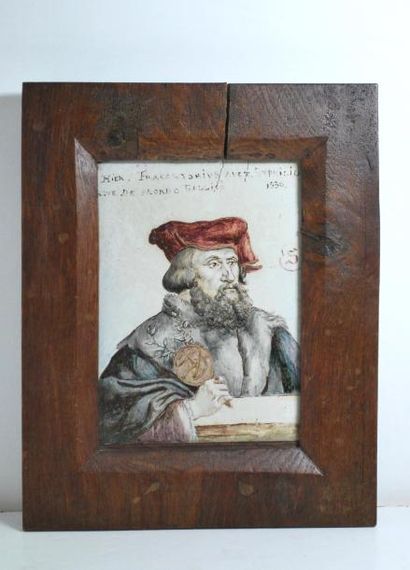 null Plaque en céramique figurant un portrait d'homme barbu datée 1530. Cadre en...