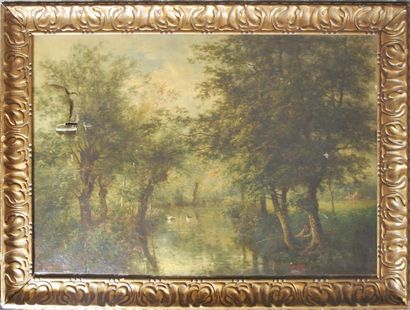 null C. HUGARD _x000D_

Huile sur toile figurant un paysage animé d'un pêcheur et...