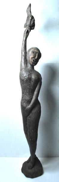 null Sculpture féminine. _x000D_

Art d'Afrique. _x000D_

H. : 93 cm