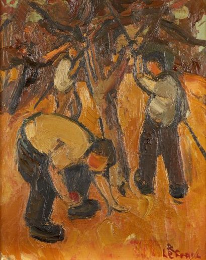 null Roland LEFRANC (1931-2000)
Huile sur toile figurant une scène de cueillette...