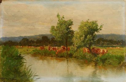 null Ecole française de la fin du XIXe siècle
Vaches en bord de rivière.
Huile sur...