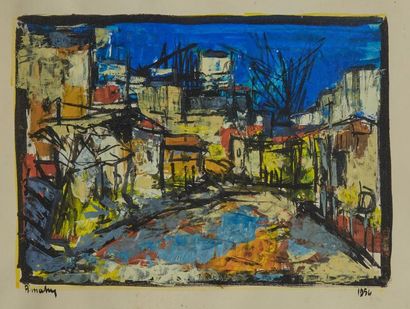 null Louis AMALVY (1918-2003) 
Gouache sur papier figurant une place de village en...