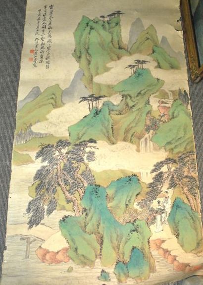 null CHINE
Rouleau peint sur papier, encre et couleur, représentant un paysage montagneux...