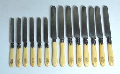 null Ensemble de 13 couteaux à lames acier et manches en ivoire.