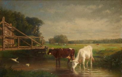 null Paul CHEVANDIER de VALDROME (1817-1877)
Huile sur toile figurant deux vaches...