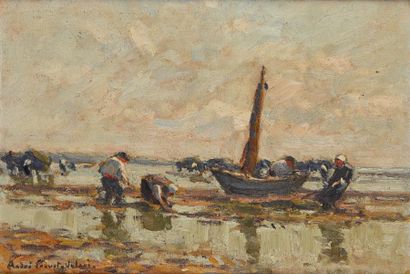 null André PREVOT-VALERI (1890-1959)
Huile sur toile figurant des pêcheurs à marée...