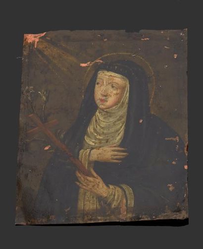 null Ecole espagnole du XVIIe siècle



Portrait de Sainte Claire



Huile sur cuivre



H....