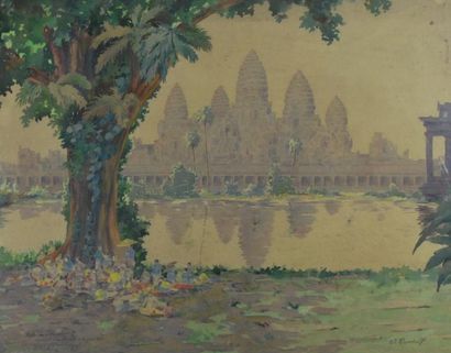 null Aquarelle 



figurant une fête de village devant les ruines du temple d'Angkor...