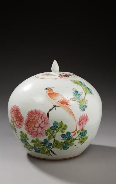CHINE Petit pot à gingembre en porcelaine émaillé à décor d'un oiseau branché parmi...