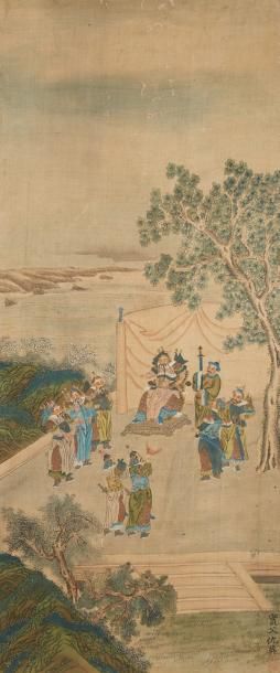 CHINE Peinture sur soie représentant une assemblée de soldats avec un dignitaire...