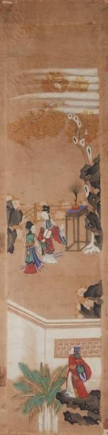 CHINE Deux peintures sur papier marouflé sur tissus figurant des scènes de vie animées.
XIXe...