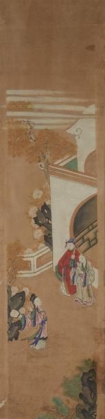 CHINE Deux peintures sur papier marouflé sur tissus figurant des scènes de vie animées.
XIXe...