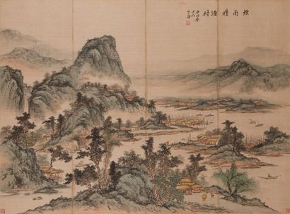 CHINE Peinture sur soie représentant un paysage fluvial près de montagnes; dans la...