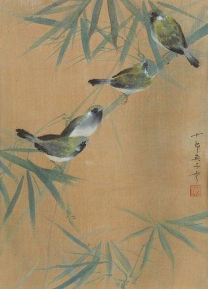 CHINE Ensemble de trois aquarelles rehaussées de gouache sur tissu figurant des oiseaux...