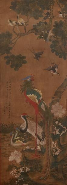 CHINE Peinture sur soie figurant un phénix et une grue couronnée, deux canards et...