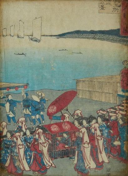 JAPON Estampe figurant une procession devant la mer.
Dim.: 21 x 15 cm