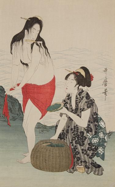 JAPON Deux estampes en couleur figurant deux femmes en bord de mer.
Dim.: 39 x 24...
