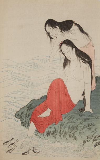 JAPON Deux estampes en couleur figurant deux femmes en bord de mer.
Dim.: 39 x 24...