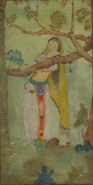 INDE Dessin figurant une femme tenant une branche d'arbre, thème fréquent de l’iconographie hindoue...