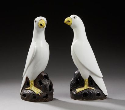 CHINE Paire de statuettes de perroquets en porcelaine perchés sur des rochers percés...