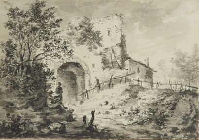 École FRANÇAISE de la fin du XVIIIe siècle Paysage de ruines
Lavis gris.
Dim.: 11,5...