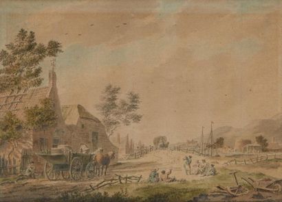 Cornelis VAN NOORDE (1731-1795) Paire d'aquarelles représentant une scène avec patineurs...